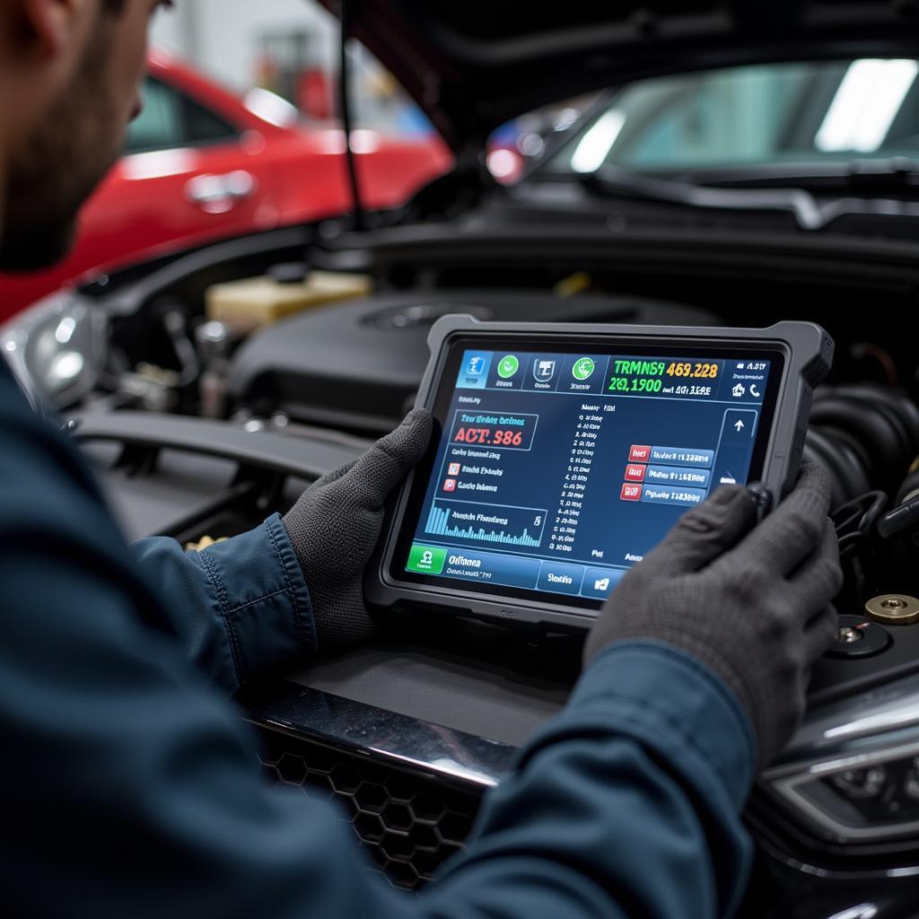 Mechanic Using Diagnostic Software on a Tablet