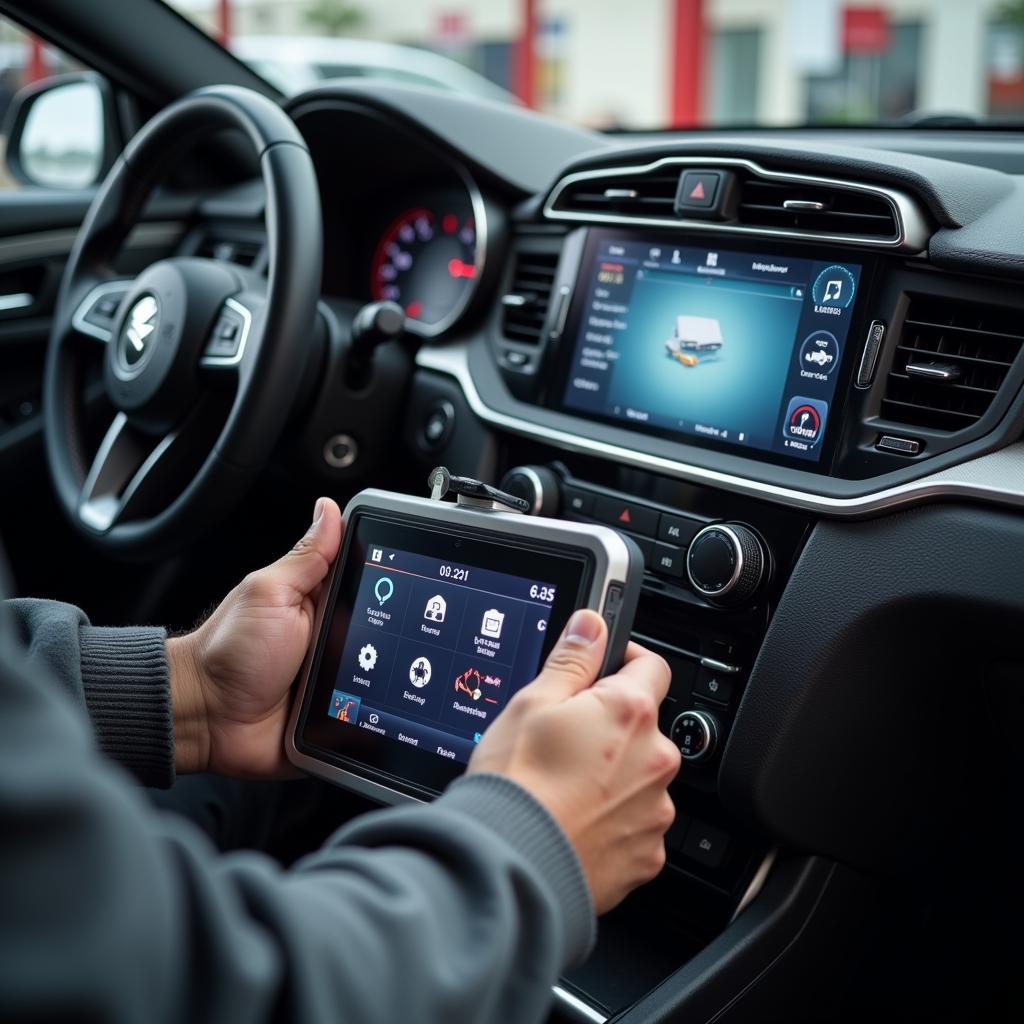 Mechanic Using a Diagnostic Tool on a Car