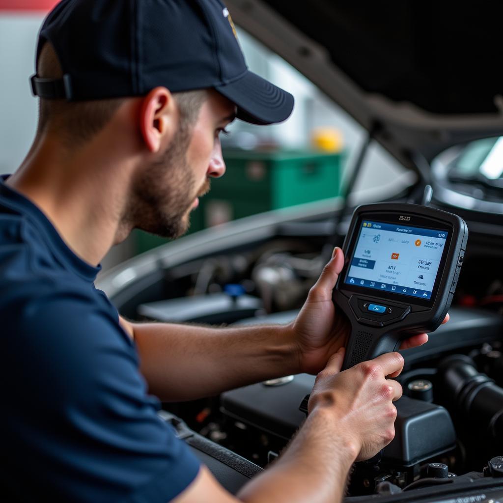 Mechanic using a diagnostic tool on a car in Elmwood Park