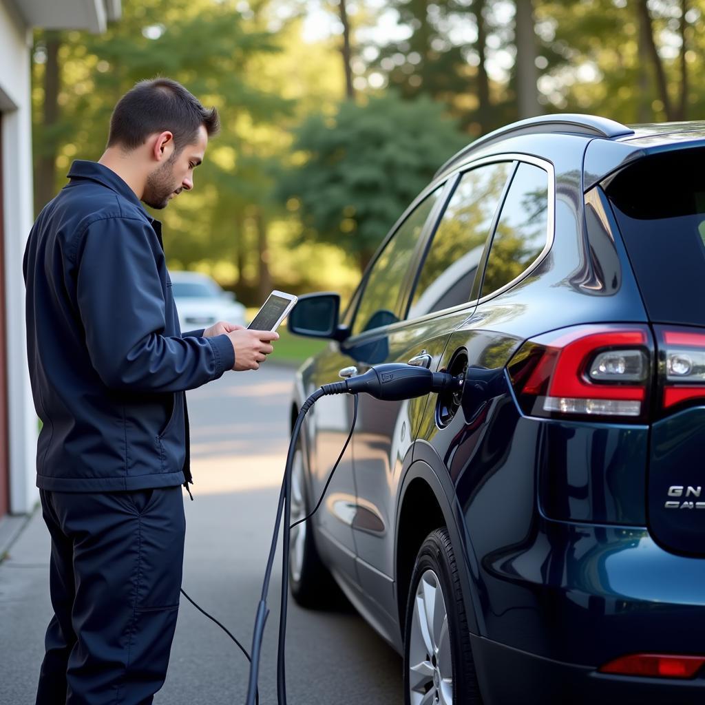 Mechanic using a diagnostic tool on an electric car