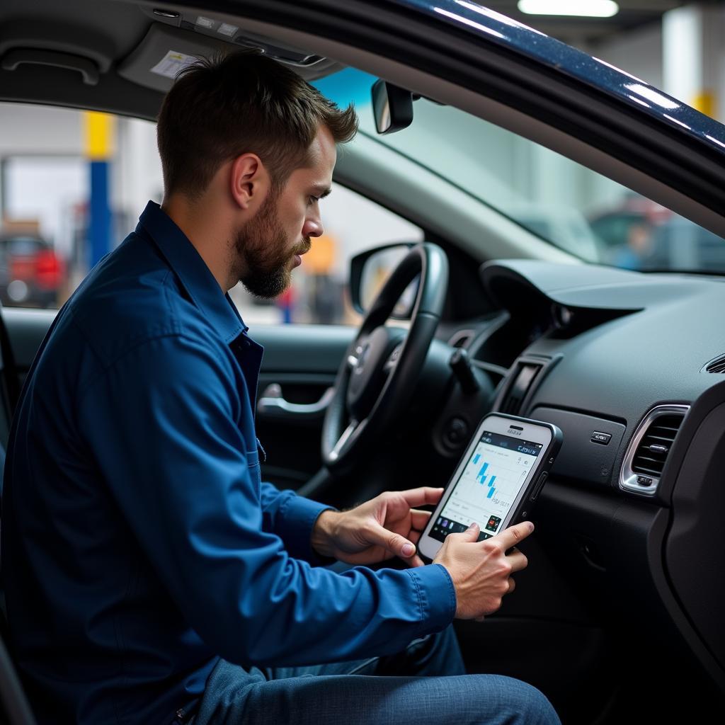 Mechanic Using Diagnostic Tool on Car