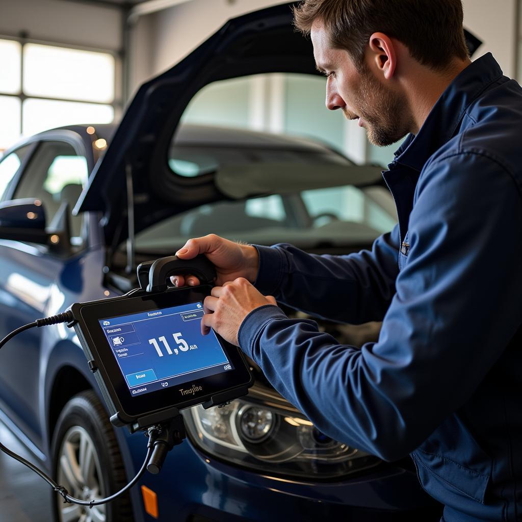 Mechanic Using Diagnostic Tool on Car Engine