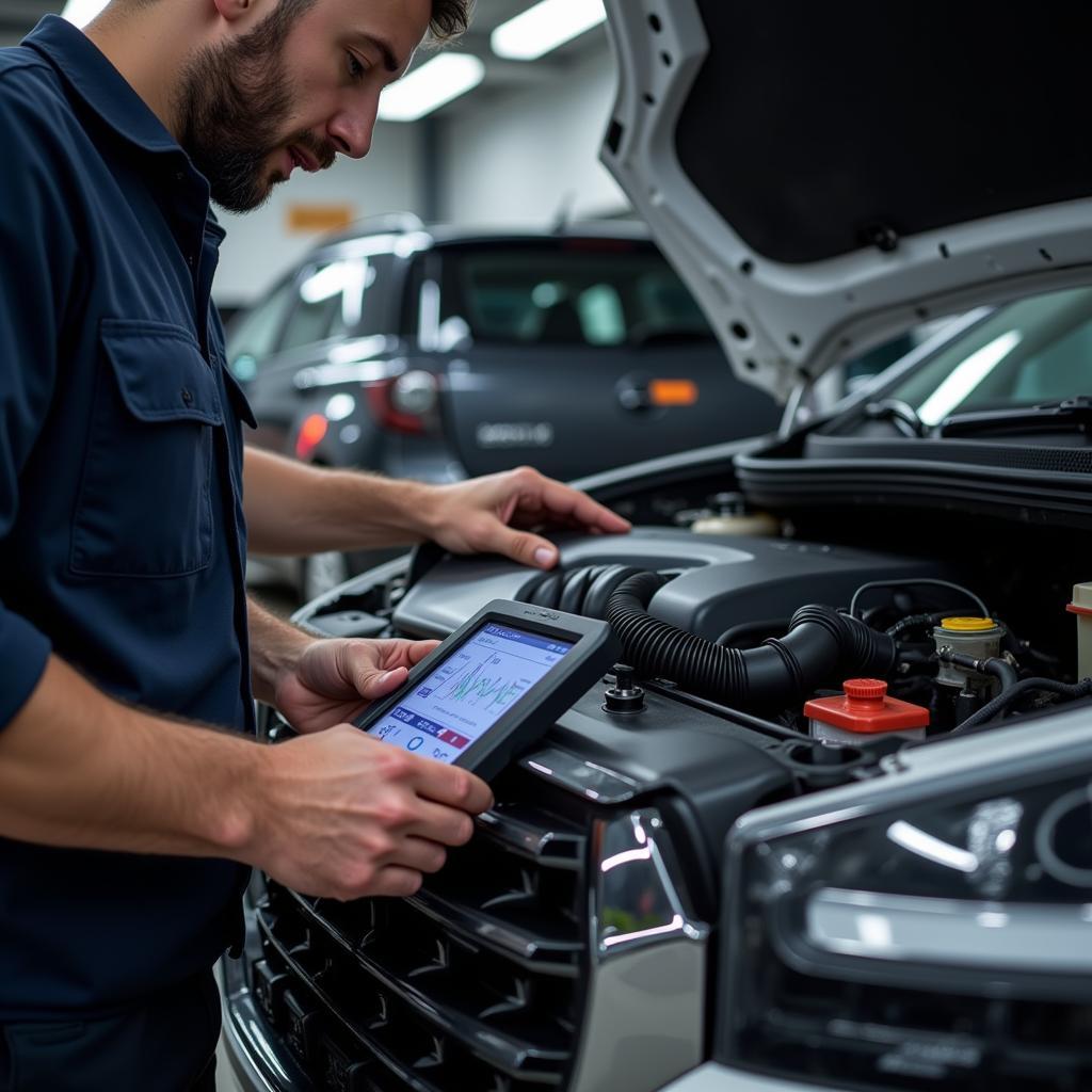 Mechanic Using Diagnostic Tool on Car Engine