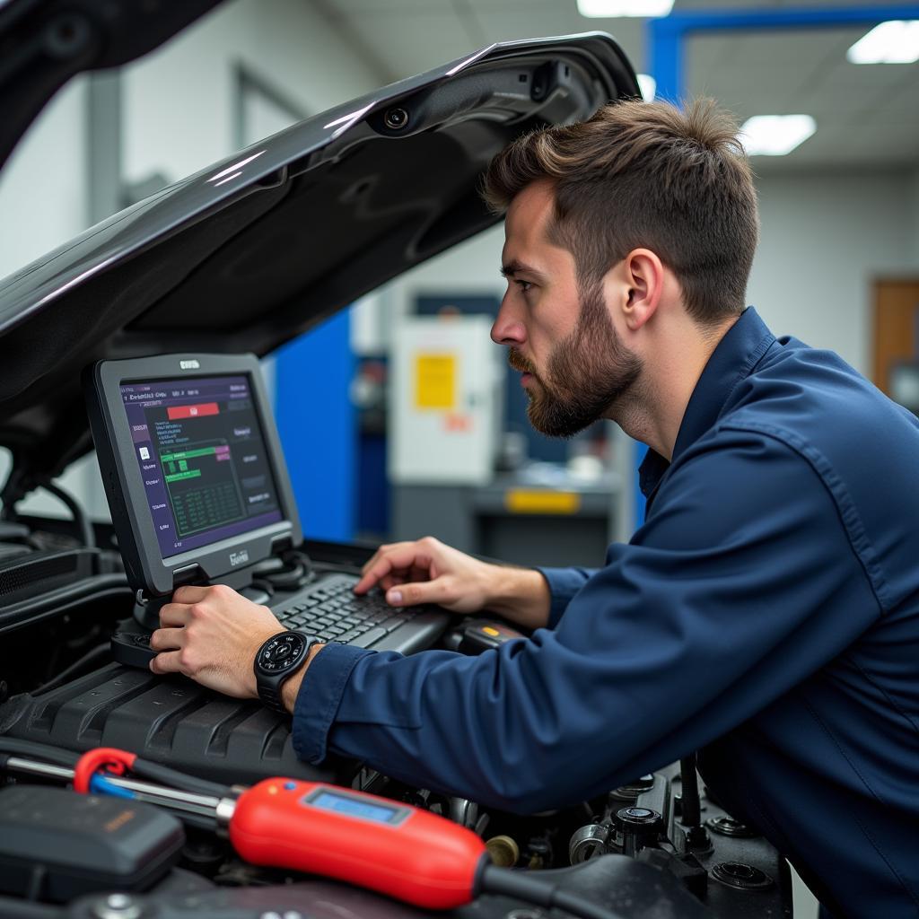 Mechanic Using Diagnostic Tools on a Car