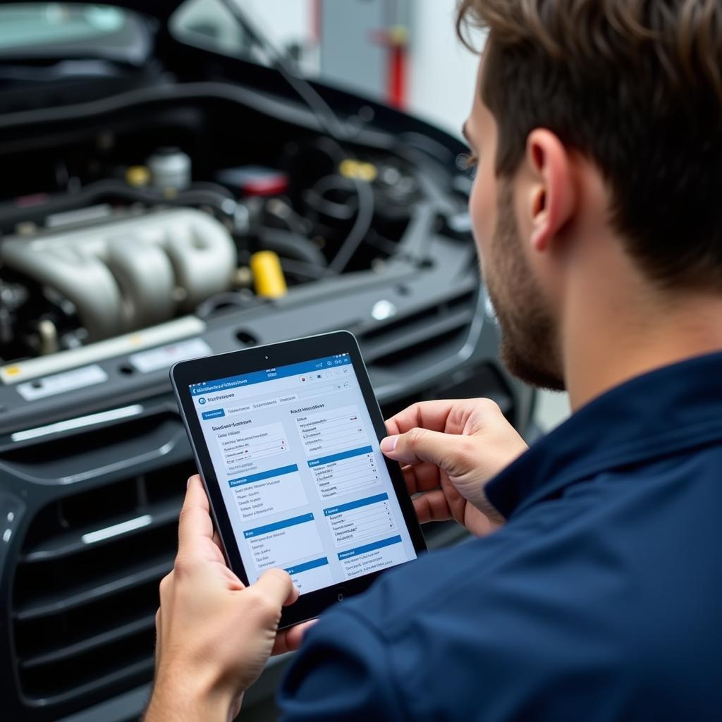 Mechanic Using Digital Tablet for Auto Service Report