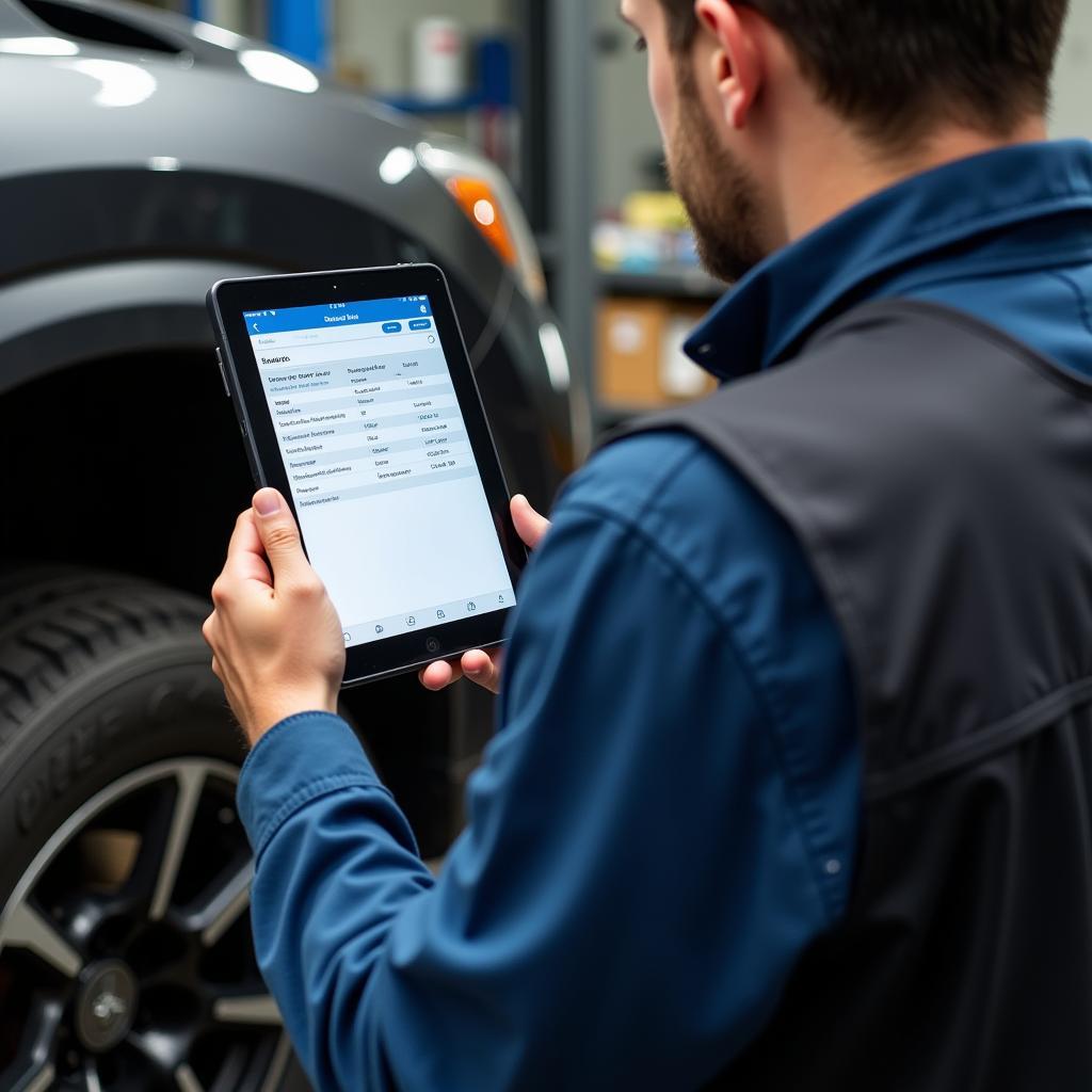 Mechanic Utilizing a Digital Tablet for Auto Service Ticketing