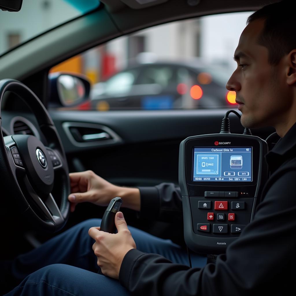 Mechanic diagnosing car trouble code with OBD scanner