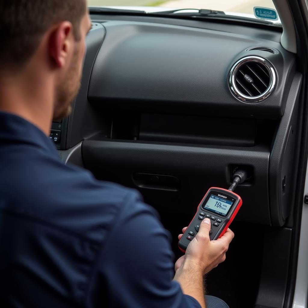 Mechanic Using an OBD2 Scanner on a Car's Diagnostic Port