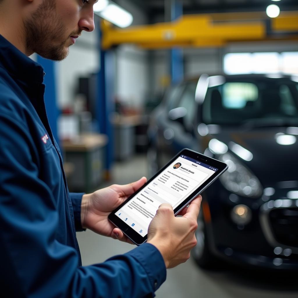 Mechanic Using Tablet with Auto Service Contracts App