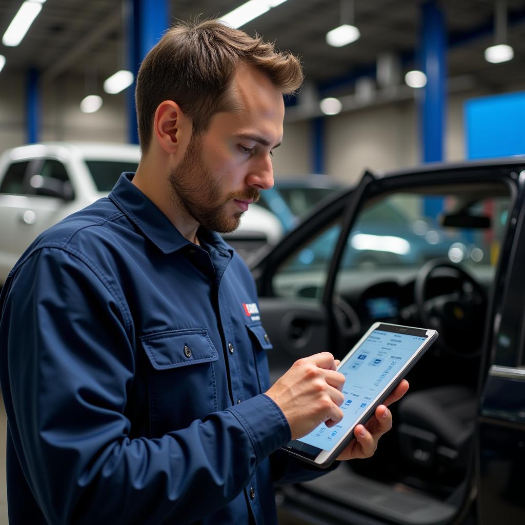 Mechanic Using Tablet with Auto Service Software in Garage