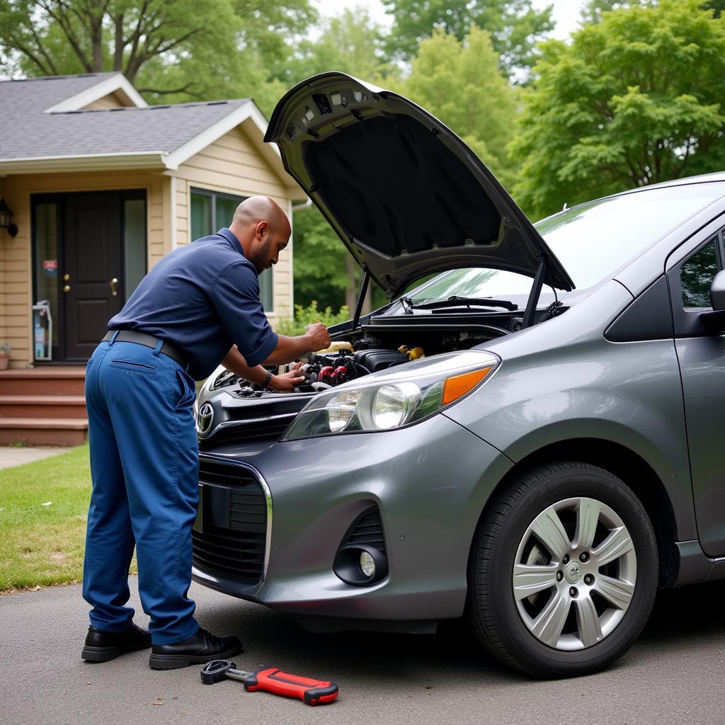 Mechanic Working on a Car at Home