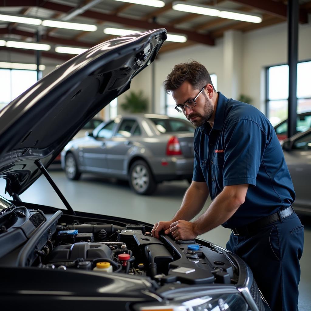 A certified mechanic working on a car's engine in a Boca Raton auto repair shop.