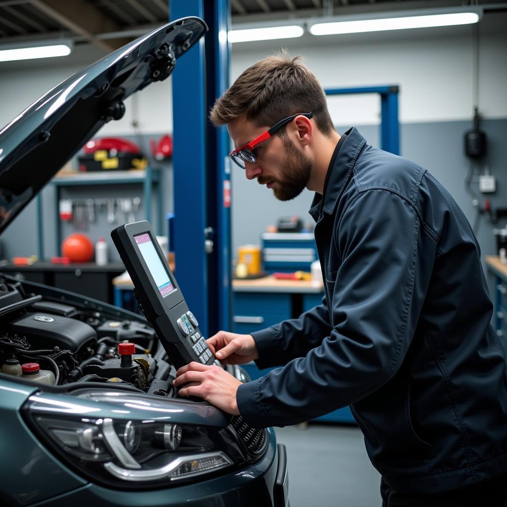 Experienced Mechanic Performing Diagnostics on a Vehicle in a Luxembourg Garage