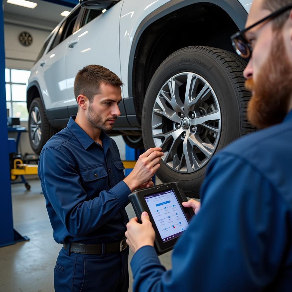 A qualified mechanic conducting a thorough car inspection inside a well-equipped service bay.