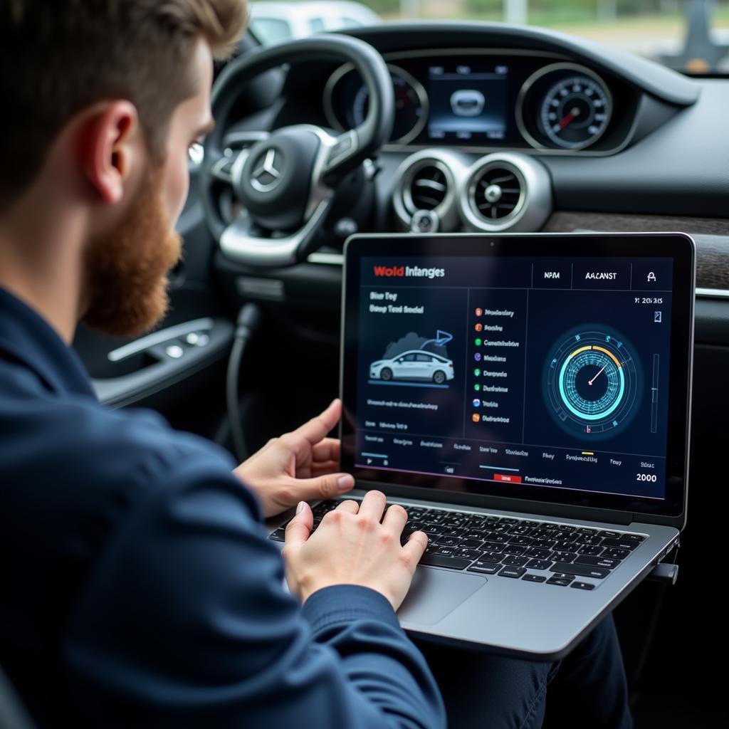 Mercedes-Benz Diagnostic Tools - Technician using a computer to diagnose a car