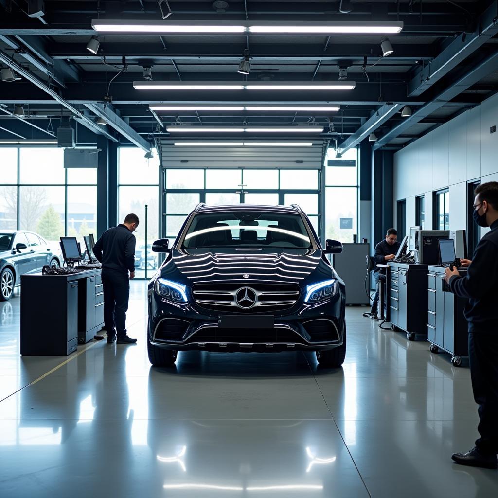 Mercedes-Benz Service Center - Technicians working on a car