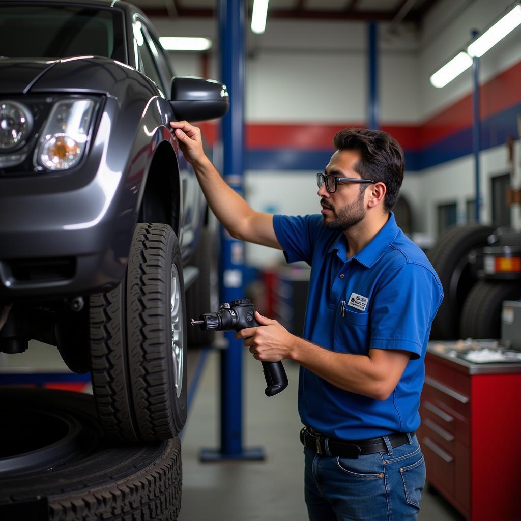 Mechanic inspecting tires at a Mexicana tire shop