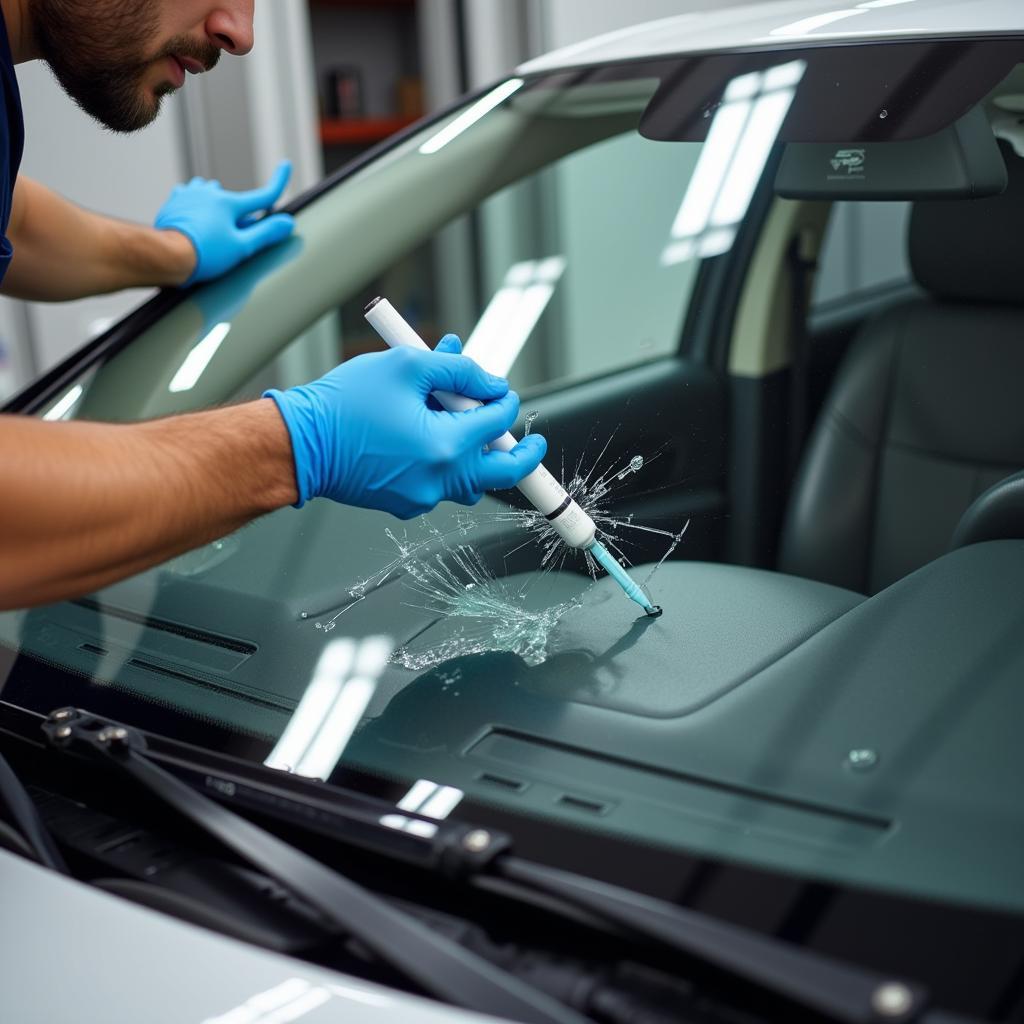 Certified Auto Glass Technician Performing Repair in Miami