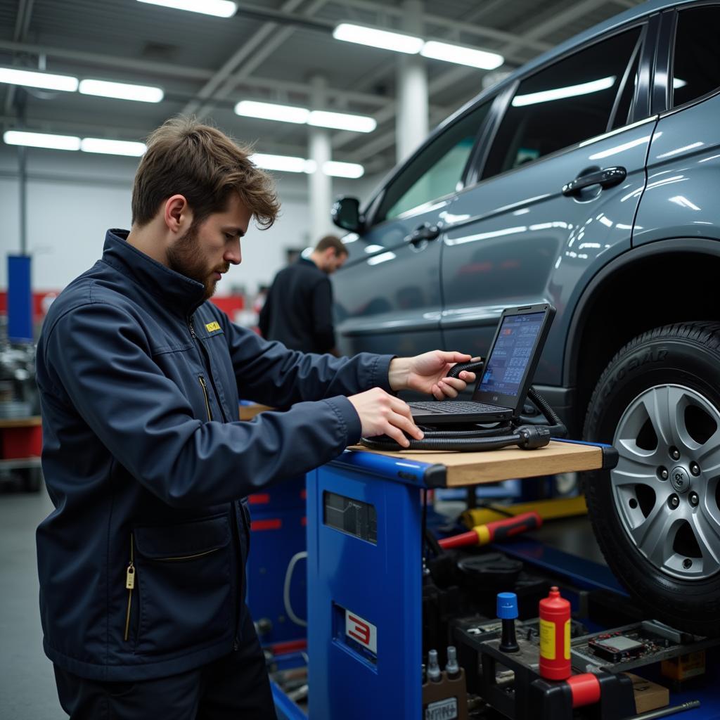 Michigan Auto Service Technician Performing Diagnostics