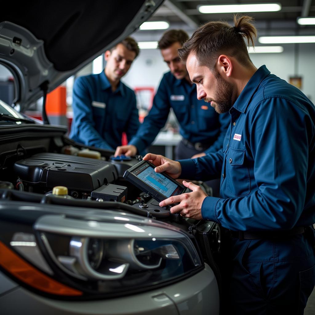 Midas auto service experts performing diagnostics on a vehicle using advanced equipment.