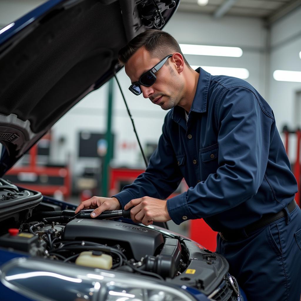 Experienced technician working on a car engine at Mike's Auto Service Center