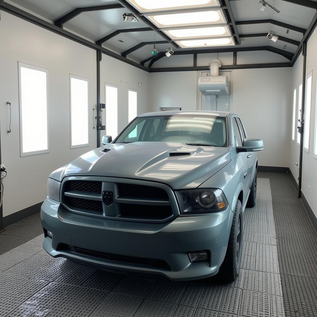 Car inside a paint booth at a Mobile, AL auto body shop