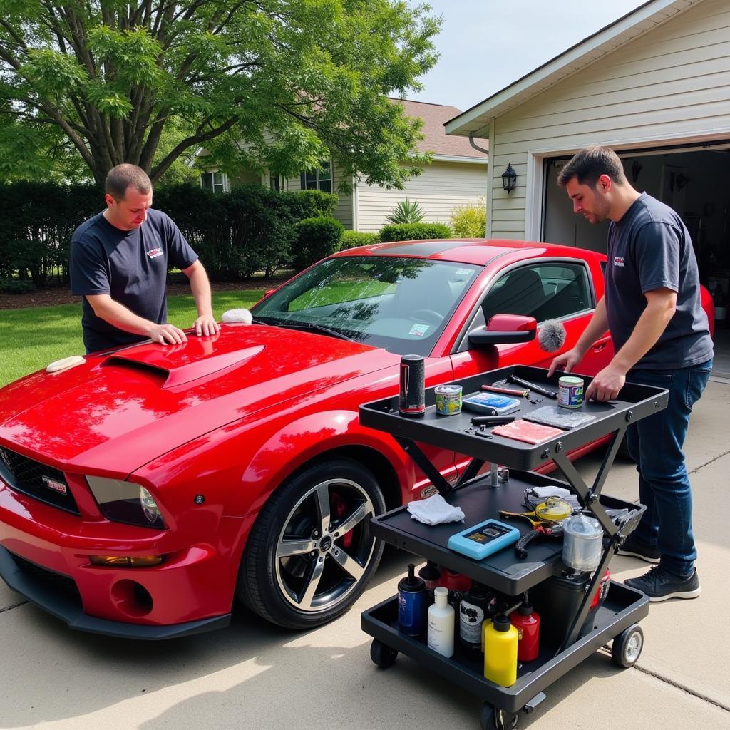 Mobile Auto Detailing Convenience: A car being detailed in a driveway.