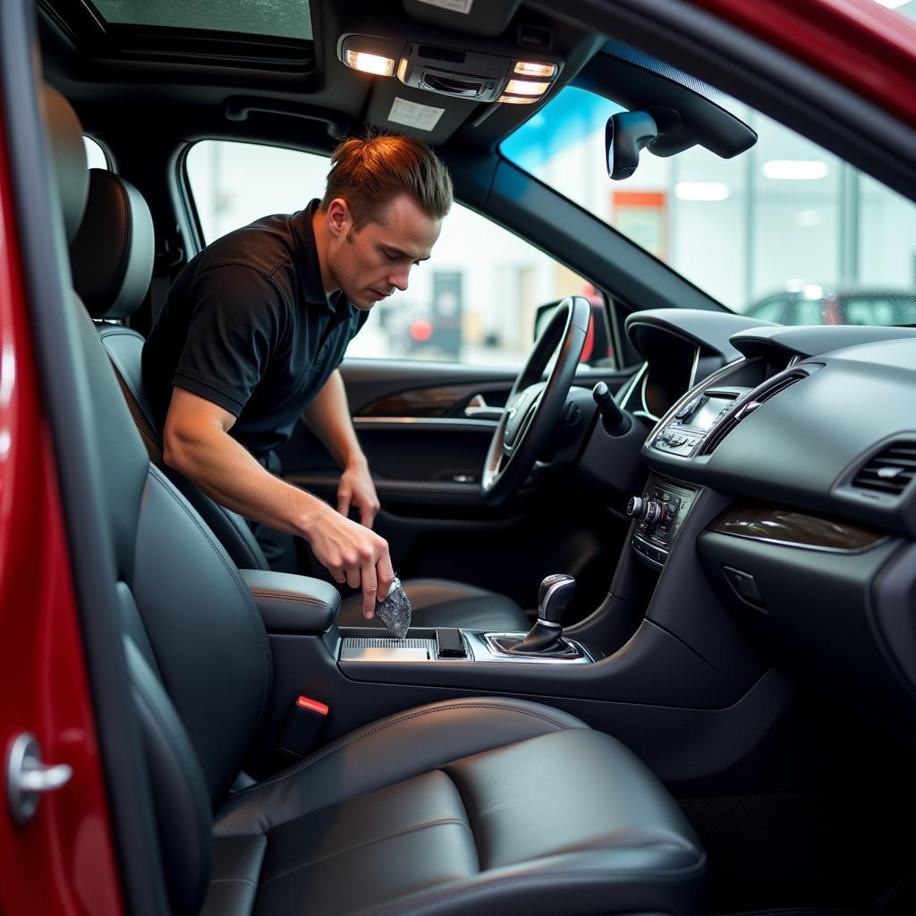 A mobile auto detailing technician meticulously cleaning the interior of a car