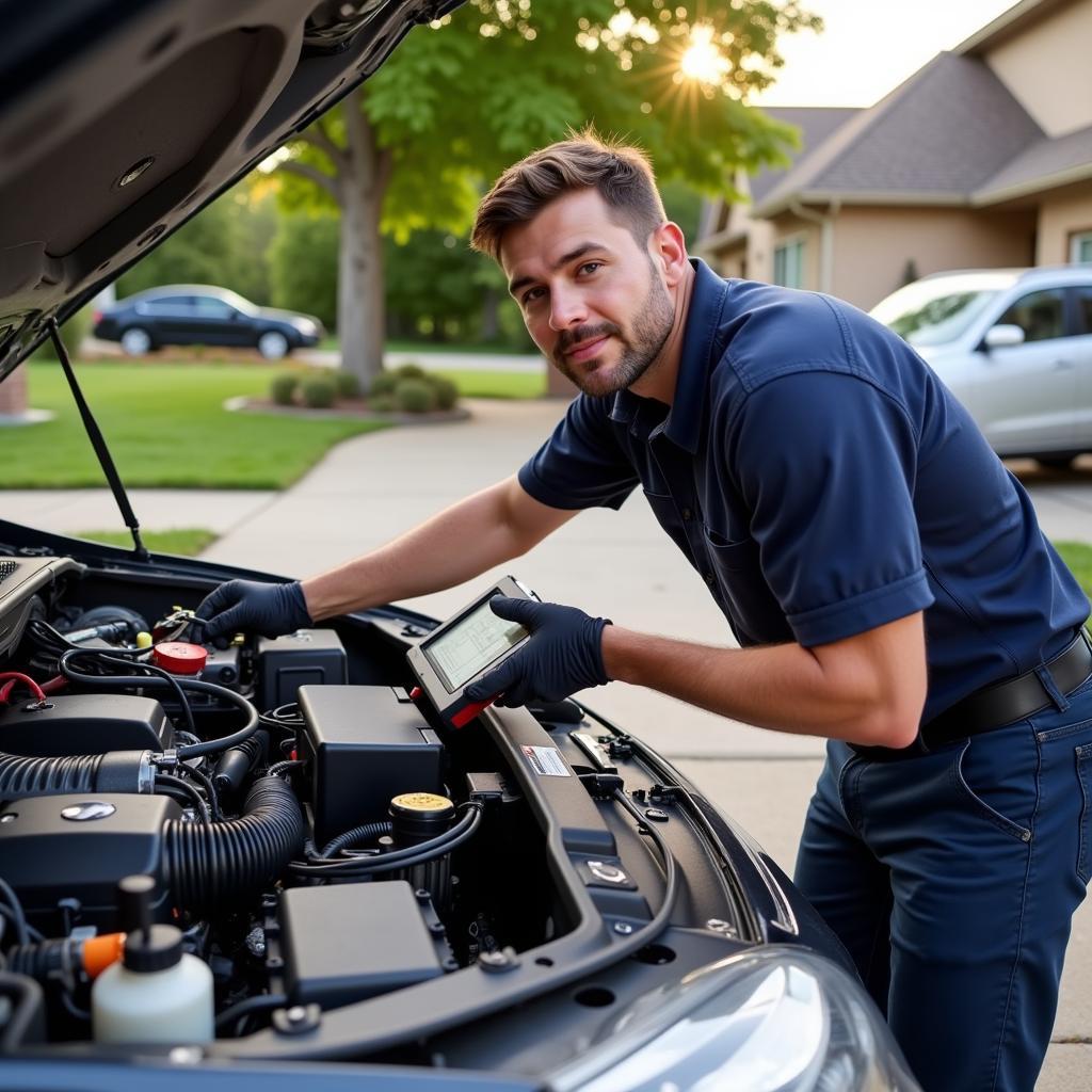 Mobile Auto Electrician Performing Auto Electrical Home Service