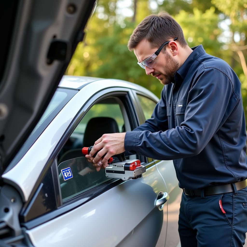 Technician repairing a windshield on-site in Fayetteville