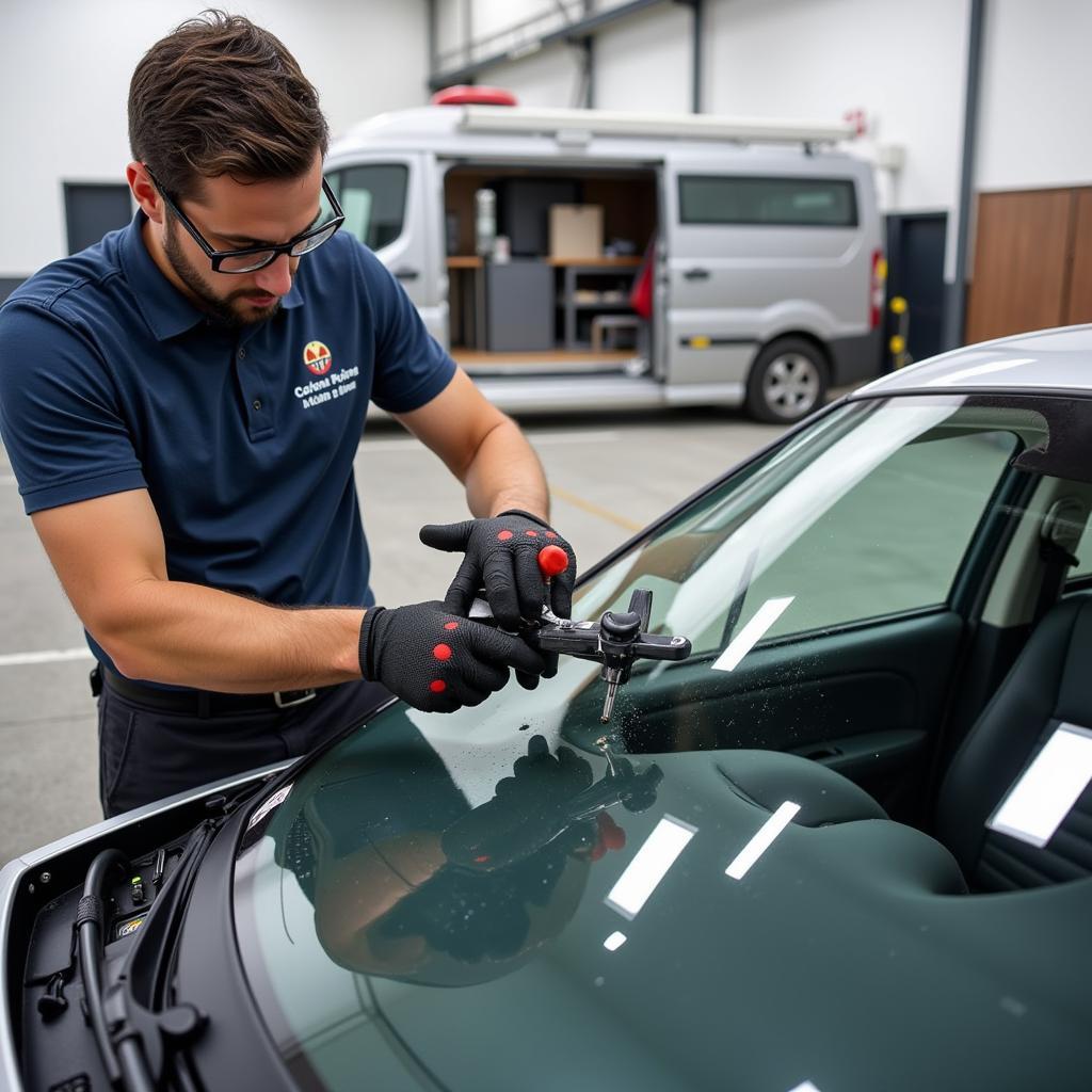 Mobile Auto Glass Repair Technician at Work