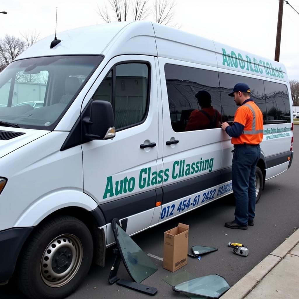 Mobile Auto Glass Replacement in Beograd: A technician replacing a windshield on-site.