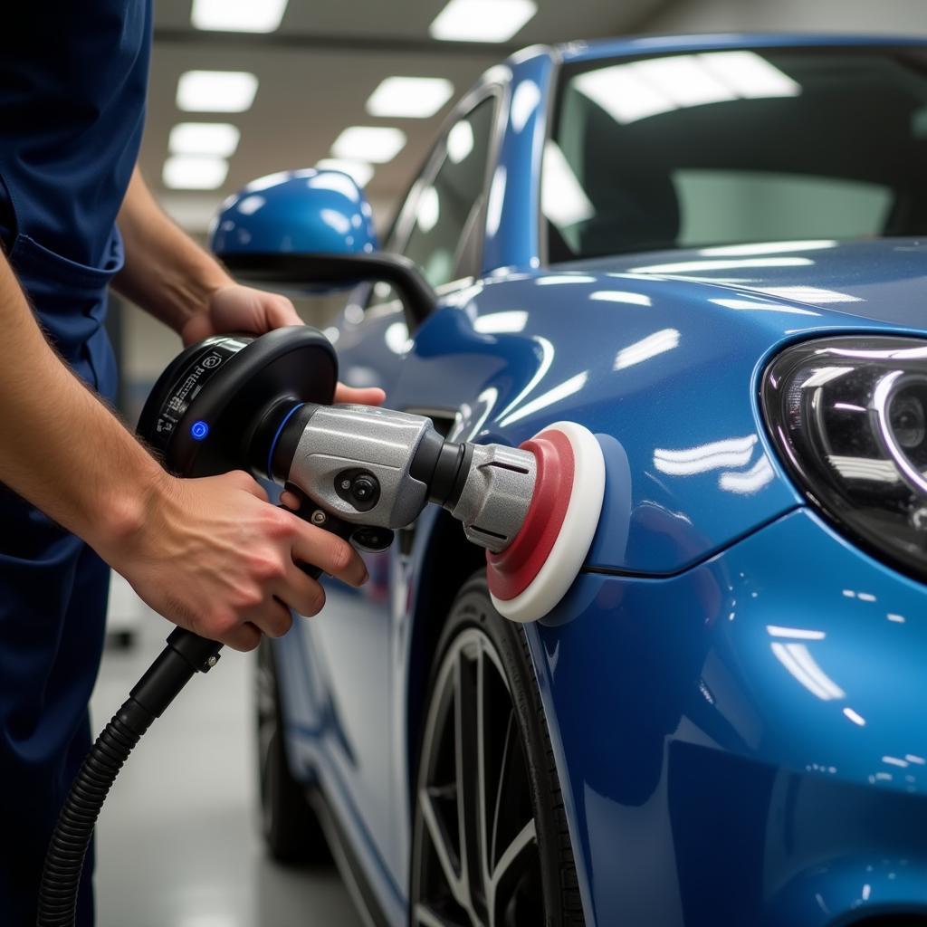 A mobile detailer meticulously working on a car's exterior, highlighting the professional service.