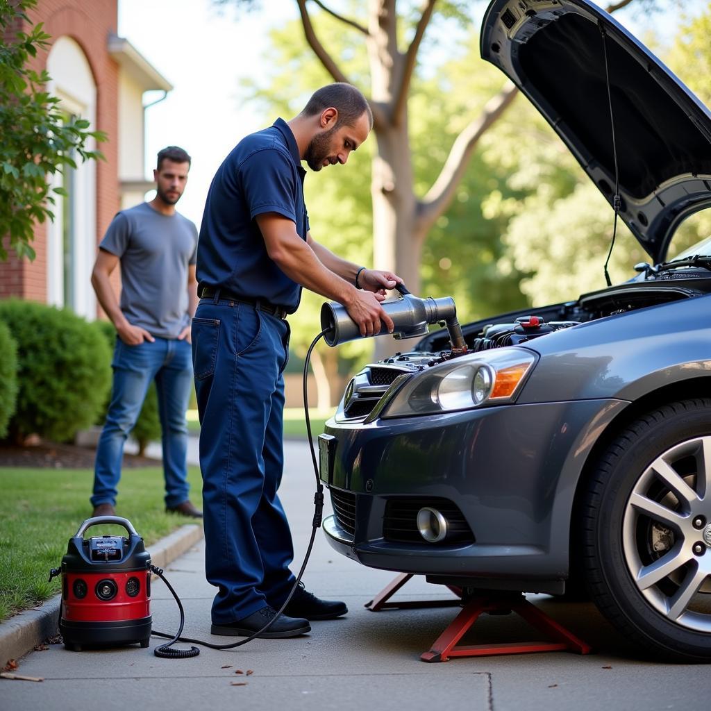 Mobile Mechanic Changing Oil in Driveway