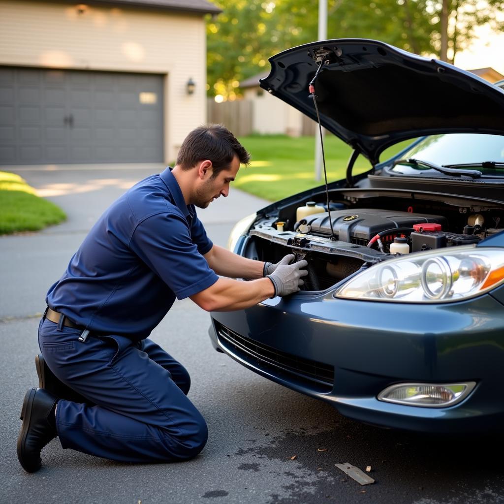 Mobile Mechanic Changing Oil in a Buffalo Driveway