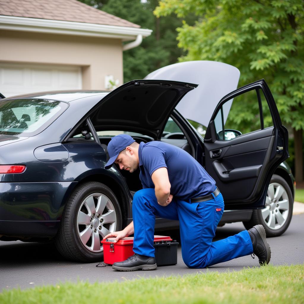 Mobile mechanic changing oil in a driveway