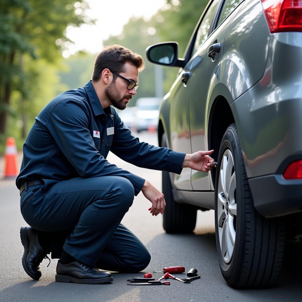 Mobile Mechanic Changing a Tire on the Side of the Road