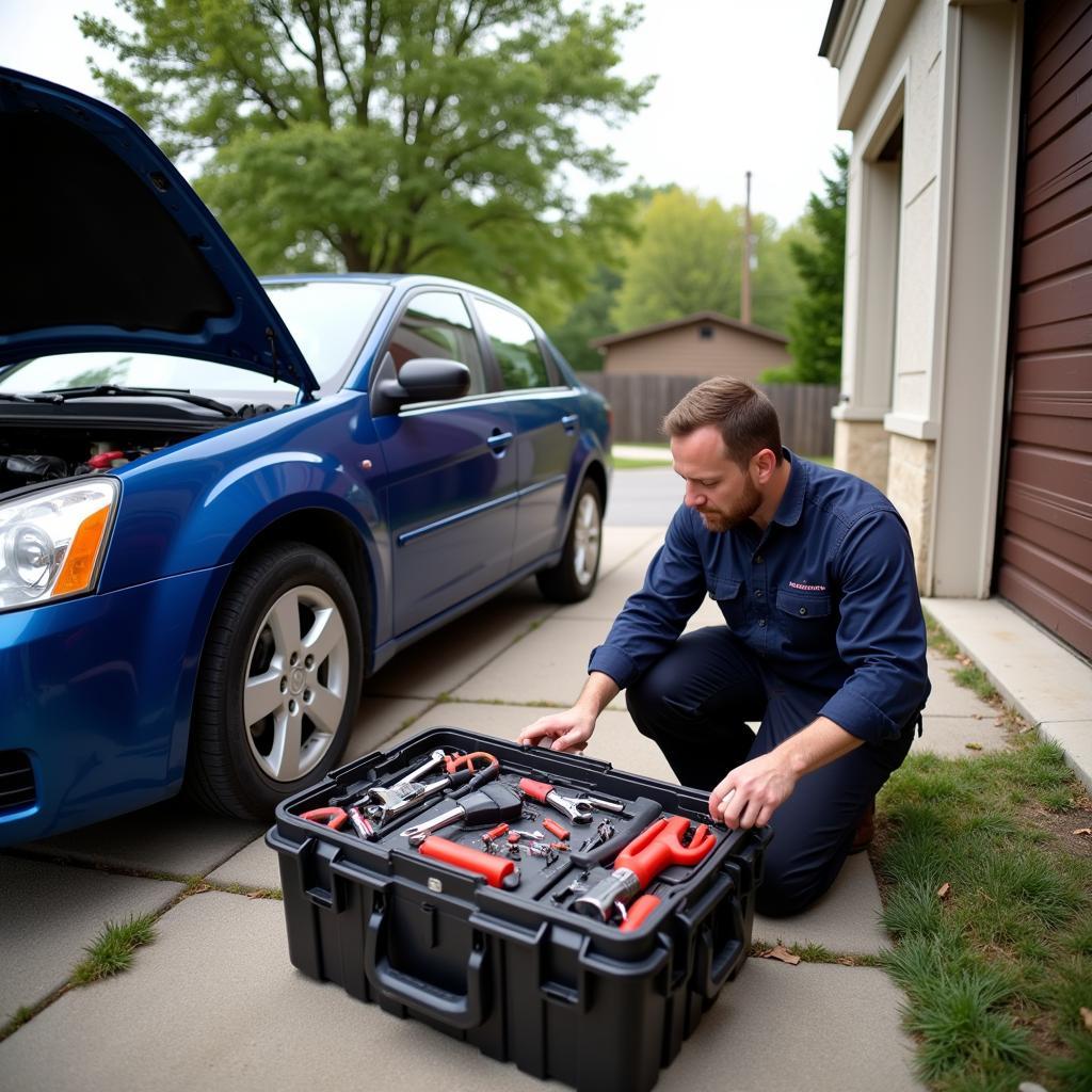 Mobile mechanic repairing a car in a driveway