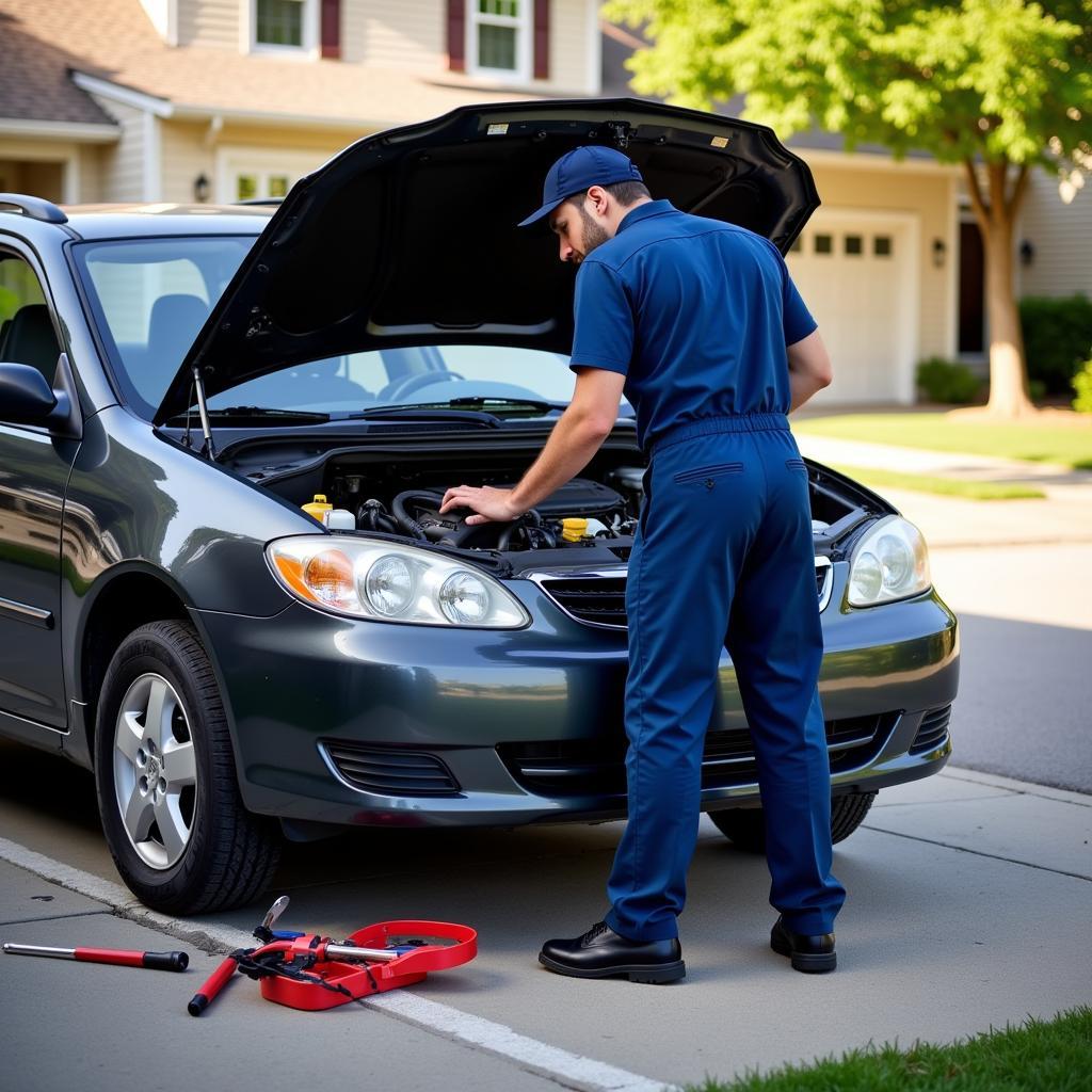 Mobile Mechanic Repairing Car in Driveway