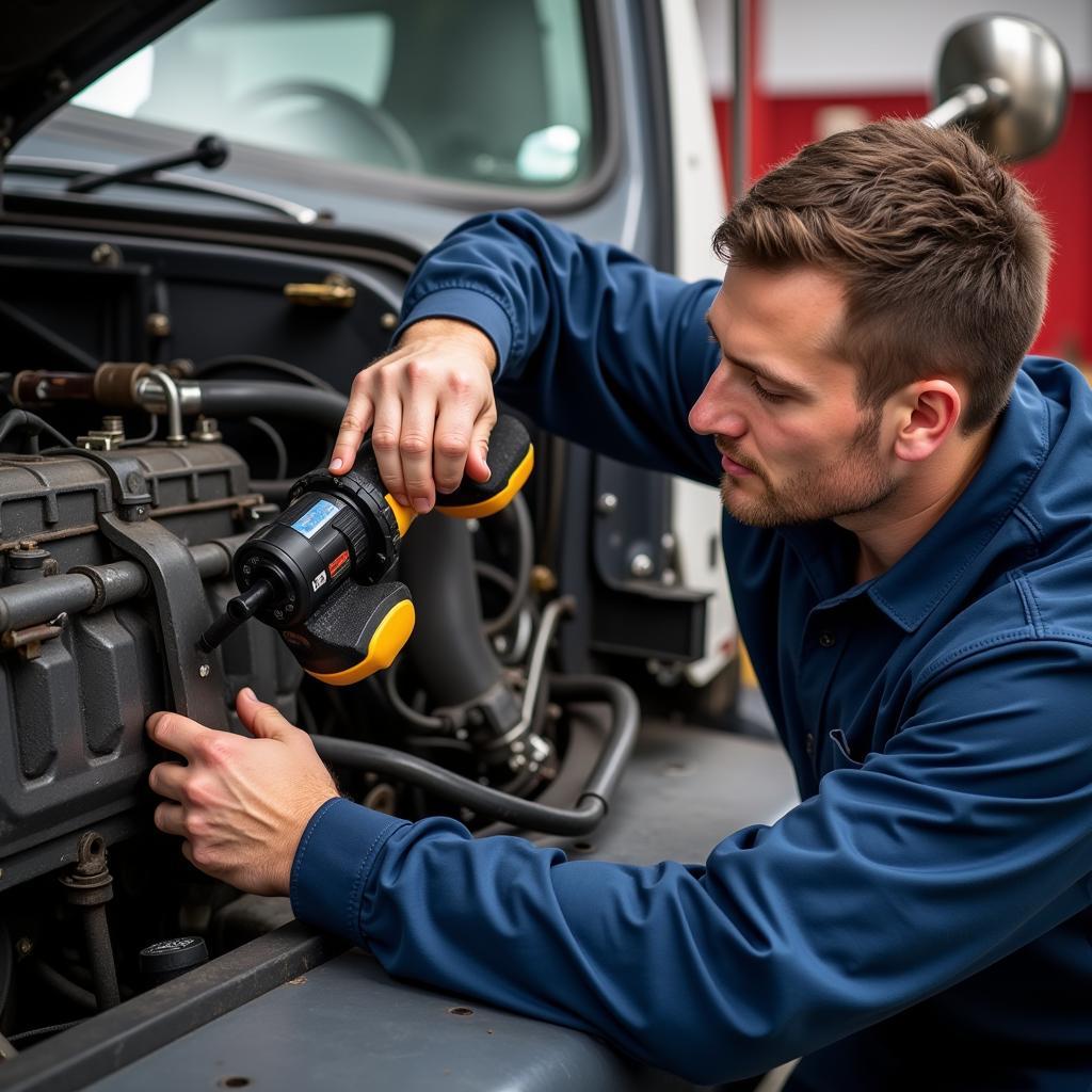 Mobile Mechanic Working on a Truck Engine