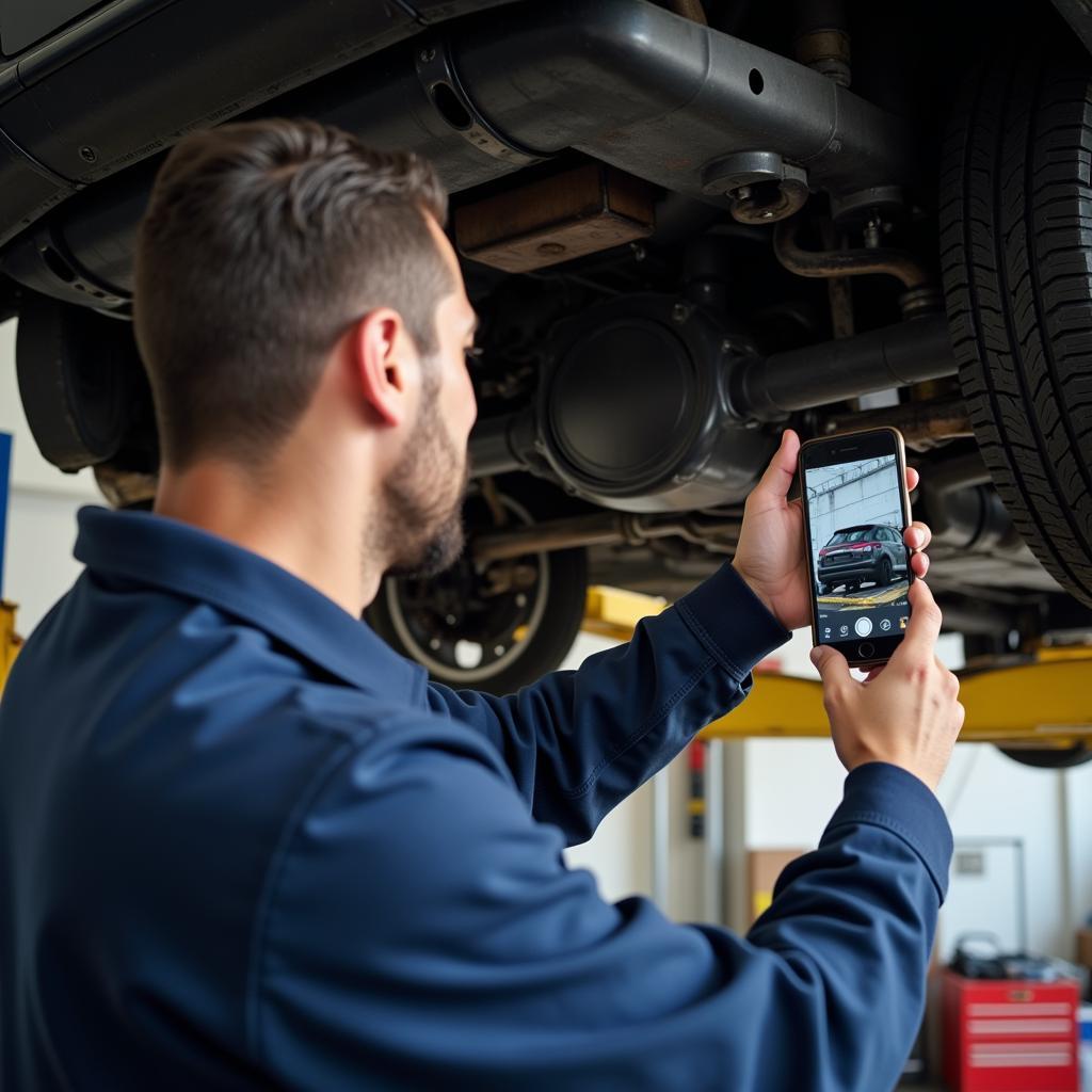 A technician using a mobile device to capture auto service express photos during a vehicle inspection.