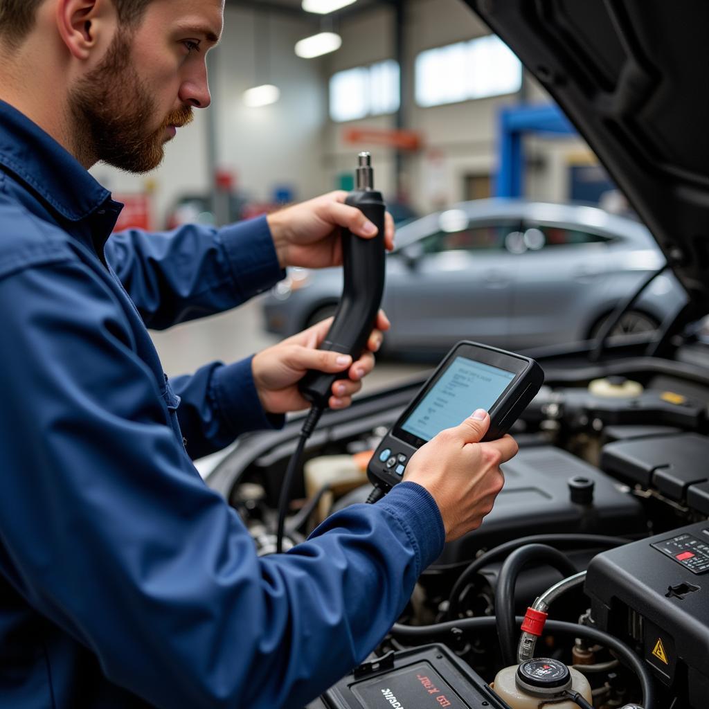 Modena mechanic diagnosing a car with advanced diagnostic equipment