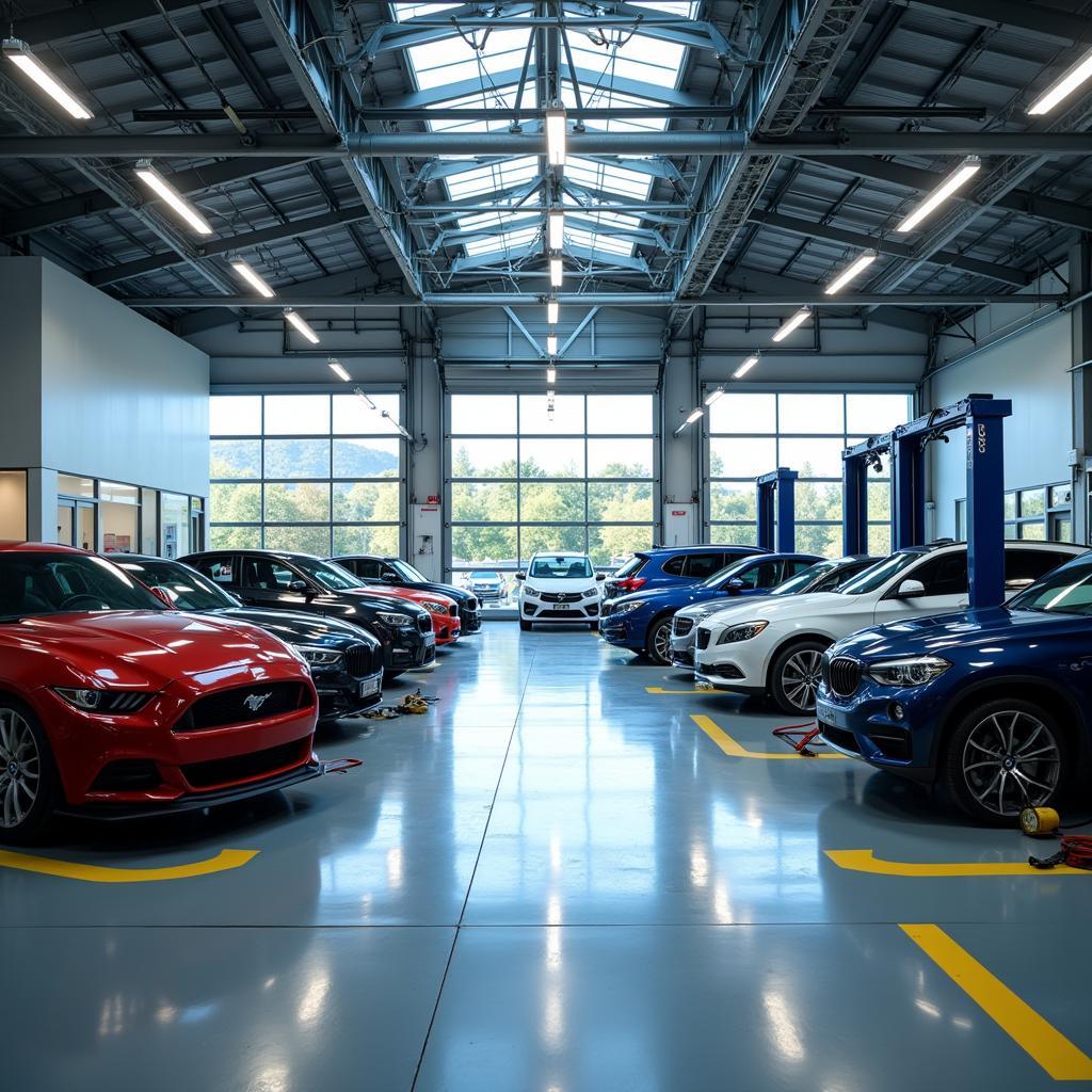 Modern Auto Dealership Service Bay with Multiple Vehicles Undergoing Maintenance