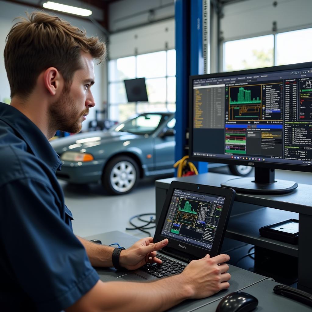 Mechanic using advanced diagnostic equipment in a Clermont auto repair shop