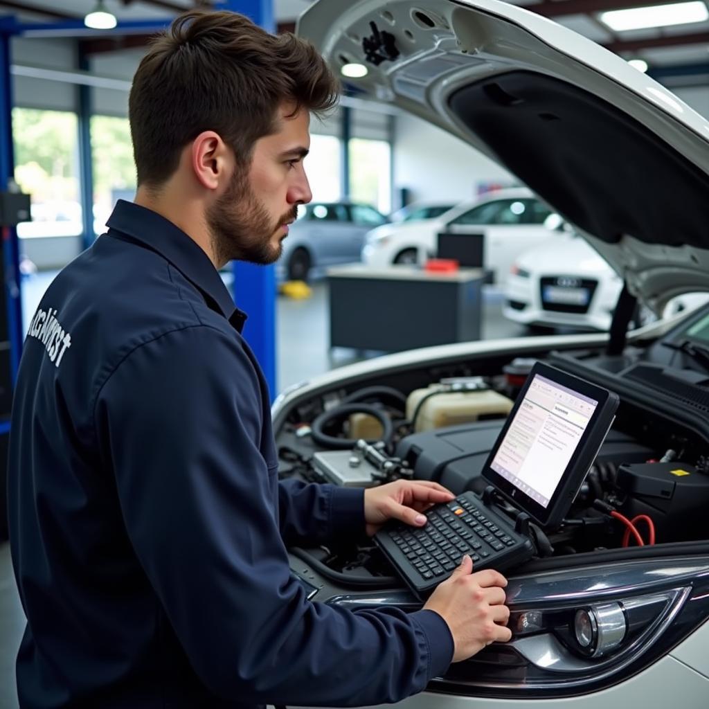 Modern auto diagnostic equipment being used by a technician in a Wickham Market service center.