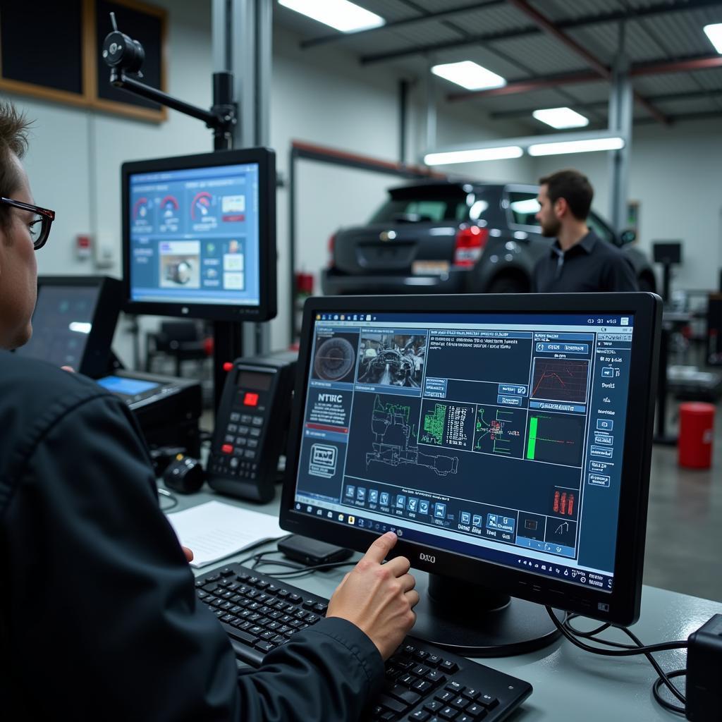 Modern diagnostic equipment in an auto repair shop