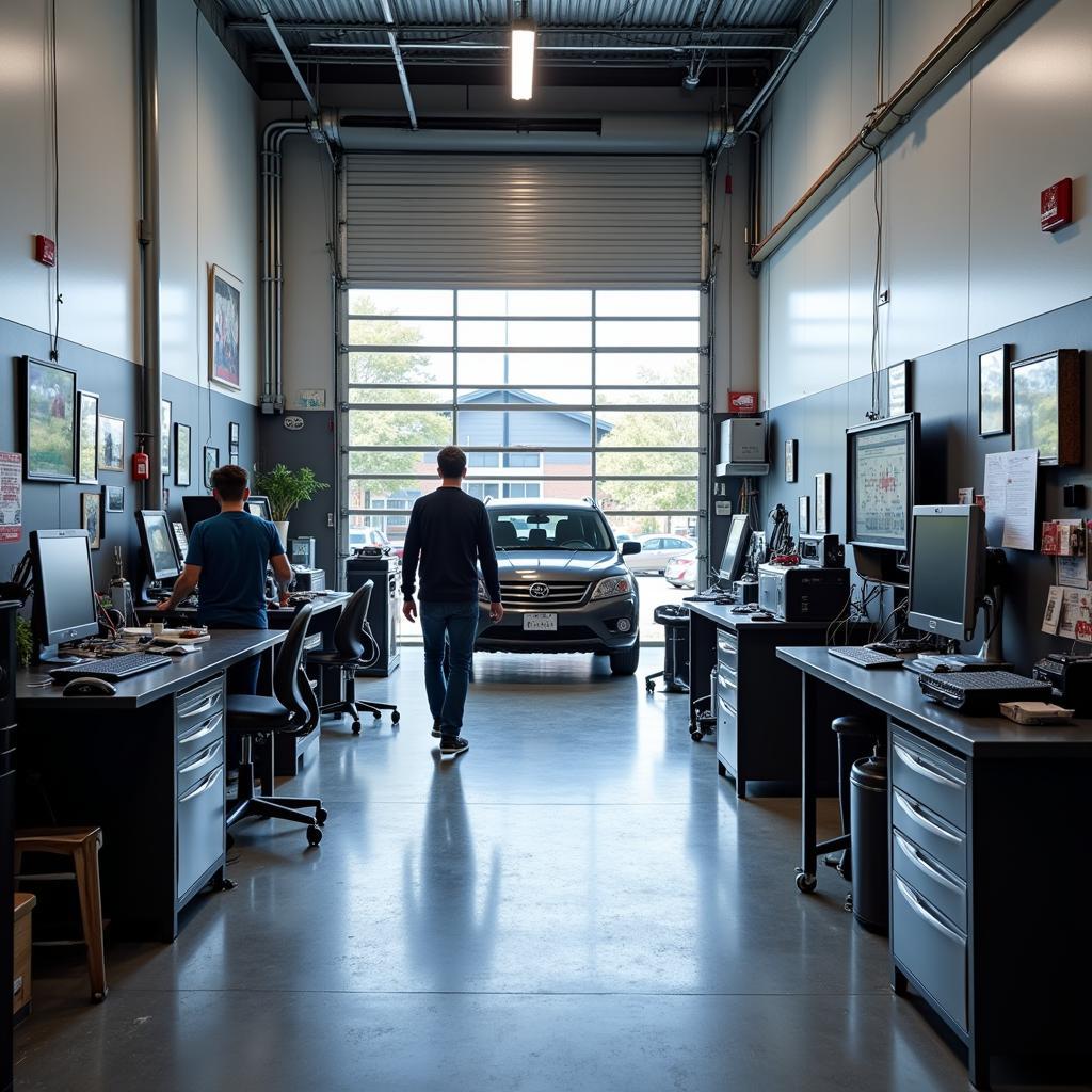 A modern auto repair shop equipped with state-of-the-art diagnostic equipment.