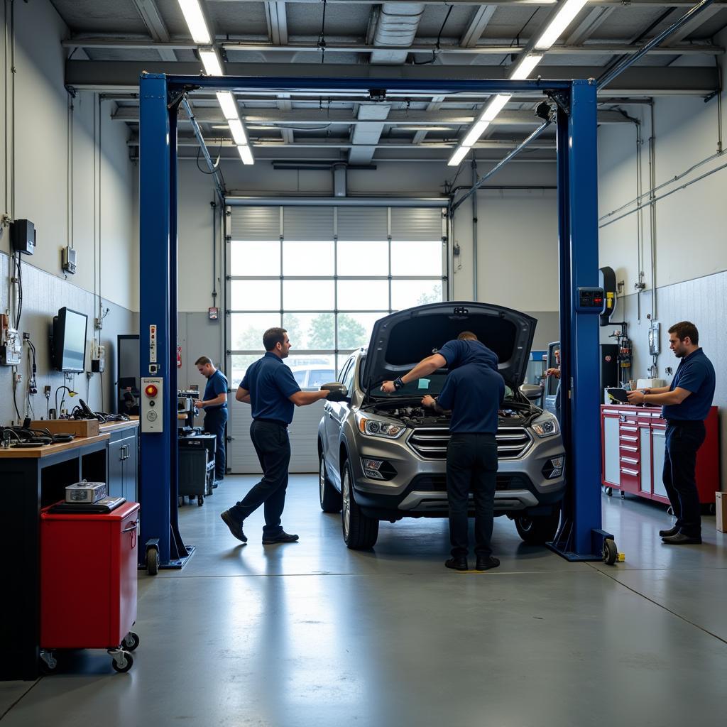 A modern auto service center with advanced diagnostic equipment and skilled technicians.