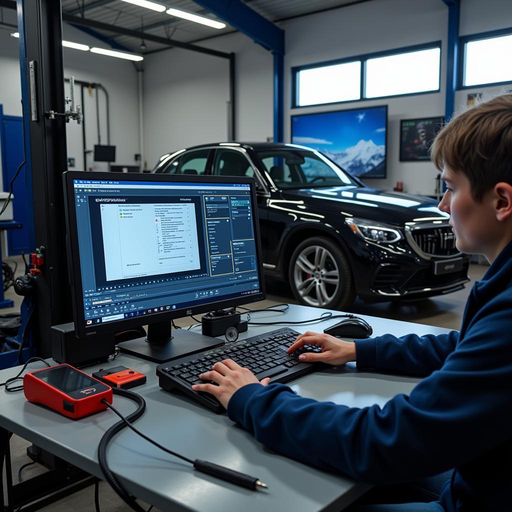 Modern Diagnostic Equipment in a European Auto Service Center