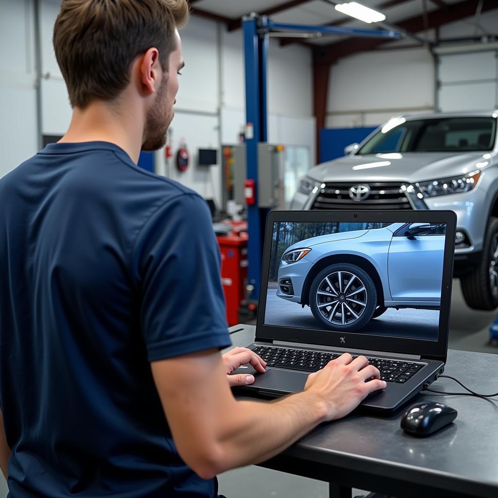 Technician operating state-of-the-art wheel alignment equipment